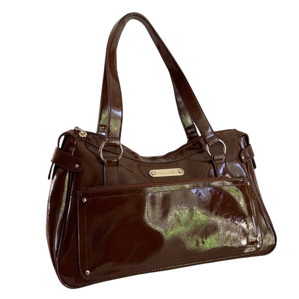 Mac & Jac Pleather Shoulder Bag Brown Purse Pink Polyester Lining 15" X 6"